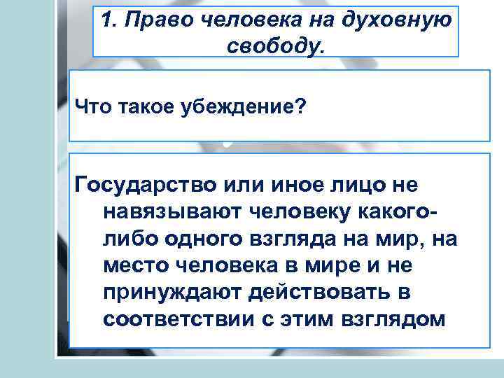 1. Право человека на духовную свободу. Что такое убеждение? Государство или иное лицо не