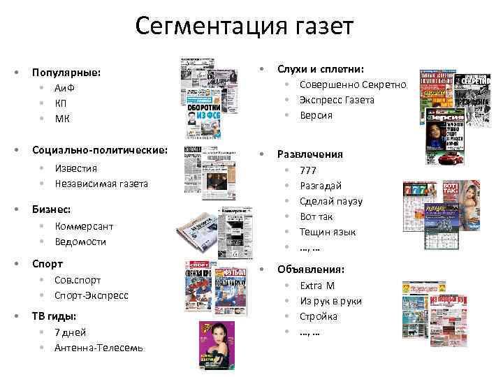 Сегментация газет • Популярные: • Аи. Ф • КП • МК • Слухи и