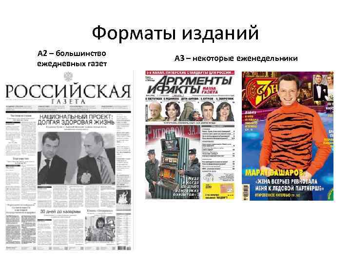 Форматы изданий А 2 – большинство ежедневных газет А 3 – некоторые еженедельники 