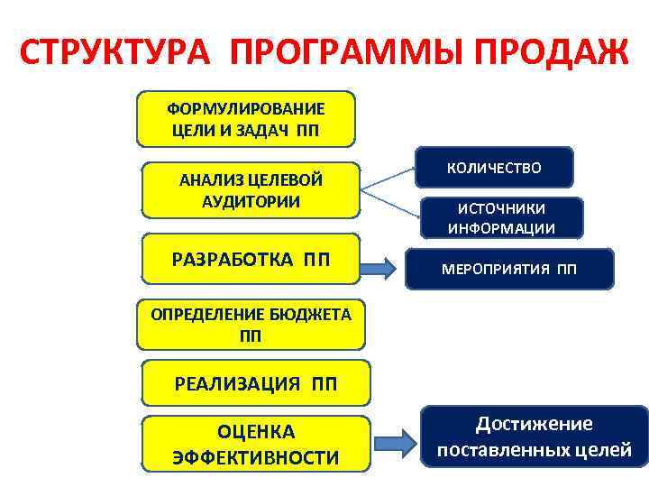 СТРУКТУРА ПРОГРАММЫ ПРОДАЖ ФОРМУЛИРОВАНИЕ ЦЕЛИ И ЗАДАЧ ПП АНАЛИЗ ЦЕЛЕВОЙ АУДИТОРИИ РАЗРАБОТКА ПП КОЛИЧЕСТВО