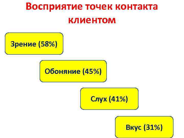 Восприятие точек контакта клиентом Зрение (58%) Обоняние (45%) Слух (41%) Вкус (31%) 