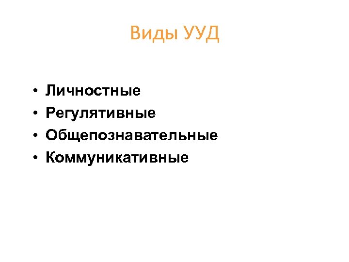 Виды УУД • • Личностные Регулятивные Общепознавательные Коммуникативные 