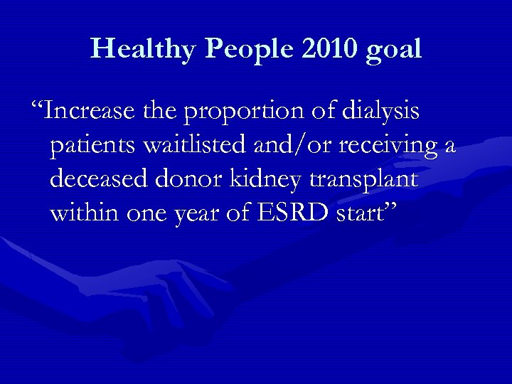 Healthy People 2010 goal “Increase the proportion of dialysis patients waitlisted and/or receiving a