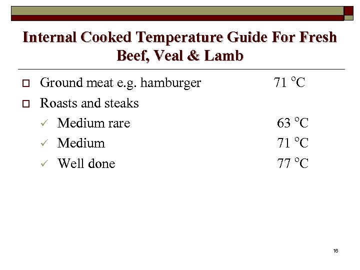Internal Cooked Temperature Guide For Fresh Beef, Veal & Lamb o o Ground meat