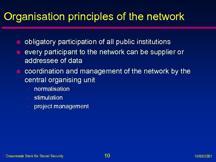 Organisation principles of the network n n n obligatory participation of all public institutions