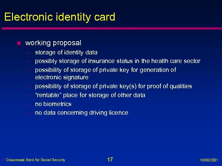 Electronic identity card n working proposal - storage of identity data - possibly storage