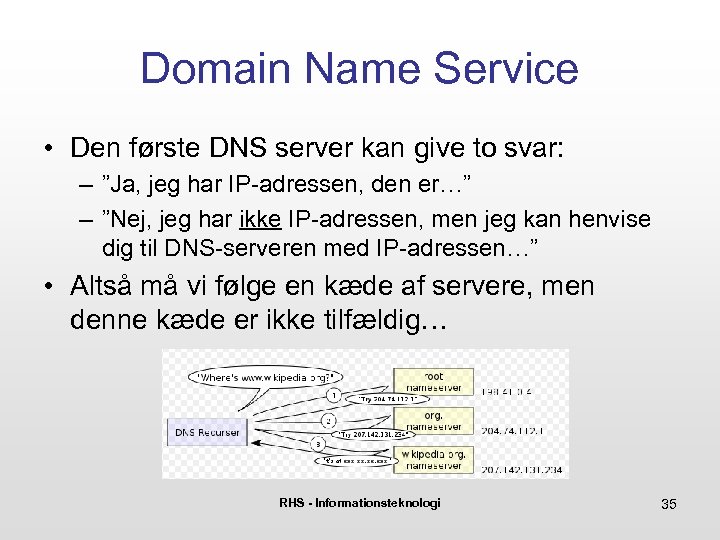 Domain Name Service • Den første DNS server kan give to svar: – ”Ja,