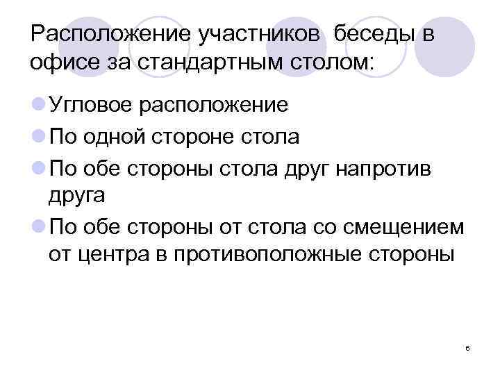 Расположение участников беседы в офисе за стандартным столом: l Угловое расположение l По одной