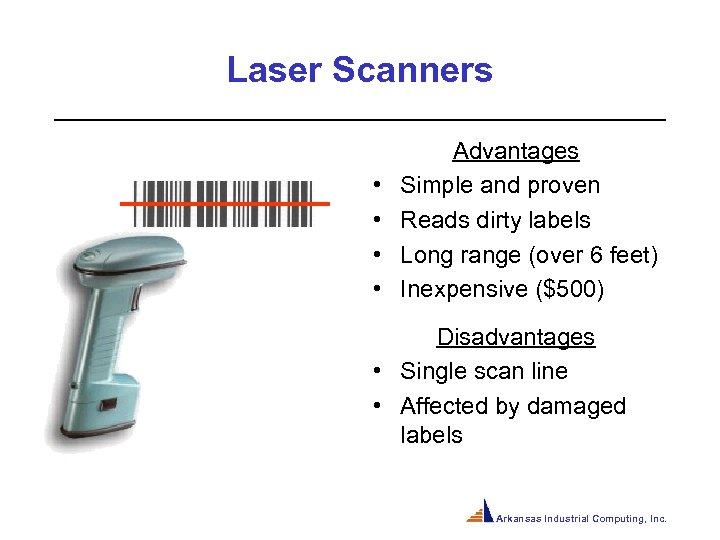 Laser Scanners • • Advantages Simple and proven Reads dirty labels Long range (over