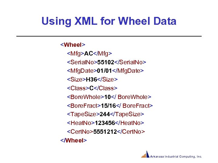 Using XML for Wheel Data <Wheel> <Mfg>AC</Mfg> <Serial. No>55102</Serial. No> <Mfg. Date>01/01</Mfg. Date> <Size>H