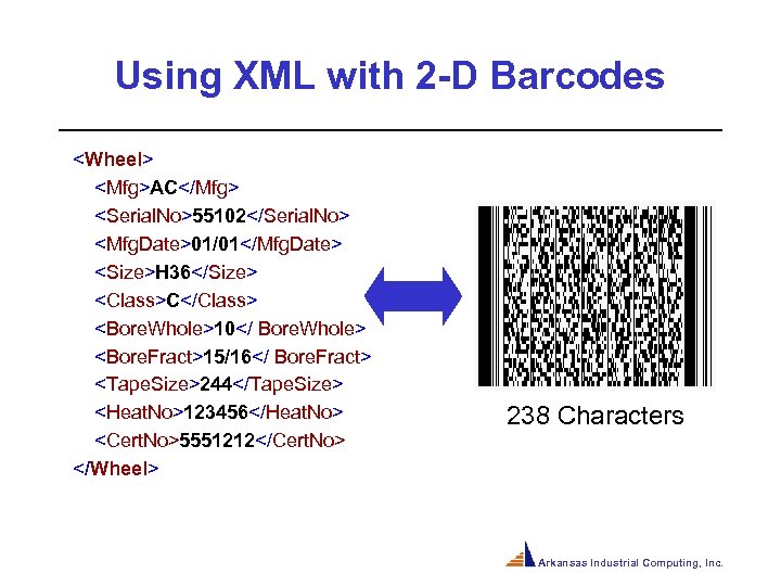 Using XML with 2 -D Barcodes <Wheel> <Mfg>AC</Mfg> <Serial. No>55102</Serial. No> <Mfg. Date>01/01</Mfg. Date>