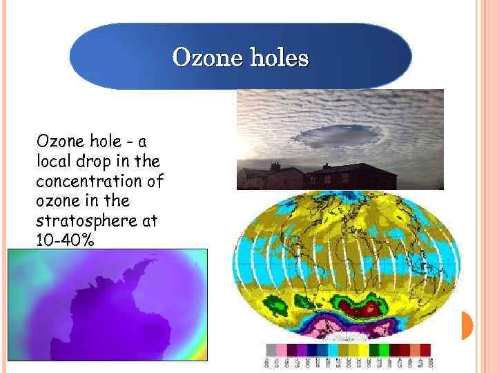 Ozone holes Ozone hole - a local drop in the concentration of ozone in