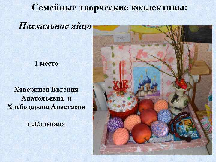 Семейные творческие коллективы: Пасхальное яйцо 1 место Хаверинен Евгения Анатольевна и Хлебодарова Анастасия п.