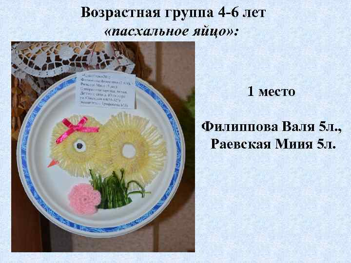 Возрастная группа 4 -6 лет «пасхальное яйцо» : 1 место Филиппова Валя 5 л.