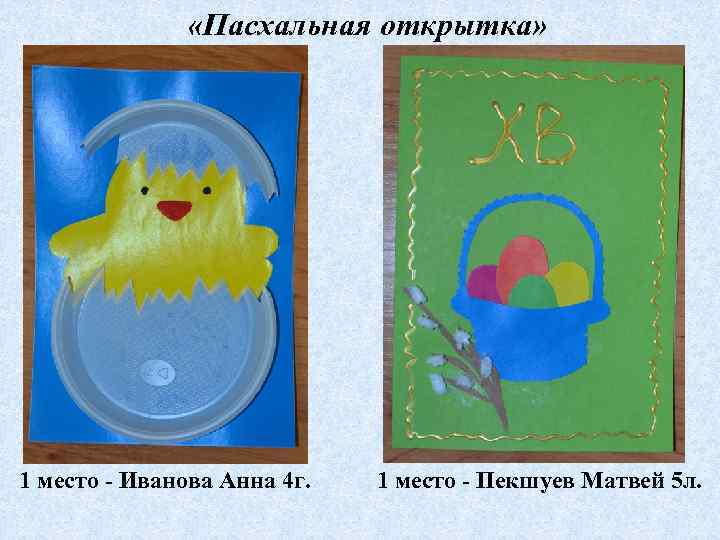  «Пасхальная открытка» 1 место - Иванова Анна 4 г. 1 место - Пекшуев