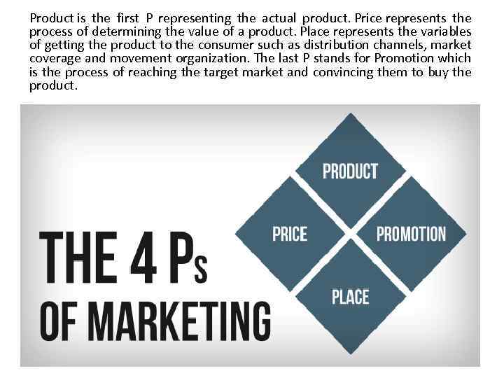 Product is the first P representing the actual product. Price represents the process of