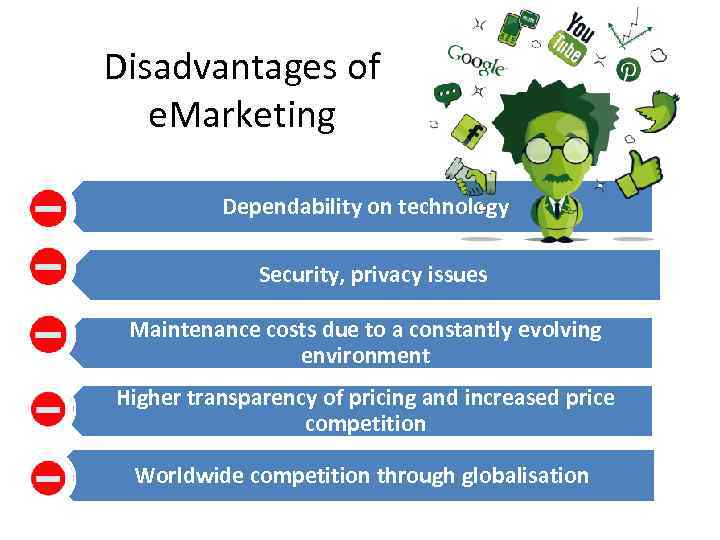 Disadvantages of e. Marketing Dependability on technology Security, privacy issues Maintenance costs due to