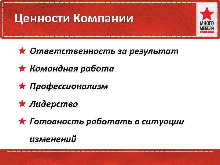 Ценности Компании Ответственность за результат Командная работа Профессионализм Лидерство Готовность работать в ситуации изменений