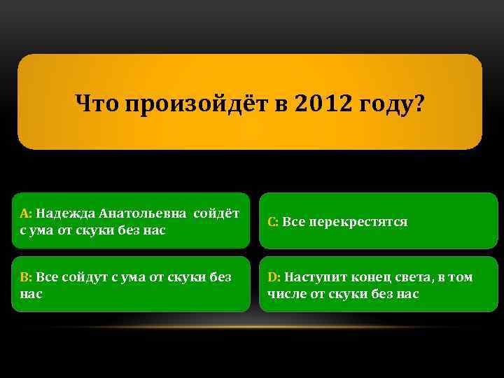 Что произойдёт в 2012 году? А: Надежда Анатольевна сойдёт с ума от скуки без