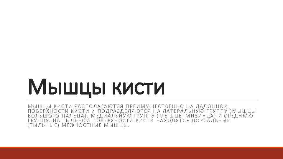 Мышцы кисти МЫШЦЫ КИСТИ РАСПОЛАГАЮТСЯ ПРЕИМУЩЕСТВЕННО НА ЛАДОННОЙ ПОВЕРХНОСТИ КИСТИ И ПОДРАЗДЕЛЯЮТСЯ НА ЛАТЕРАЛЬНУЮ