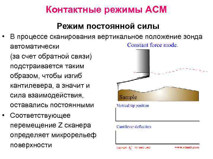 Контактные режимы АСМ Режим постоянной силы • В процессе сканирования вертикальное положение зонда автоматически