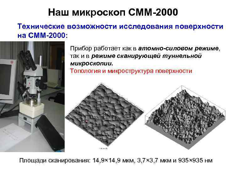 Наш микроскоп СММ-2000 Технические возможности исследования поверхности на СММ-2000: Прибор работает как в атомно-силовом