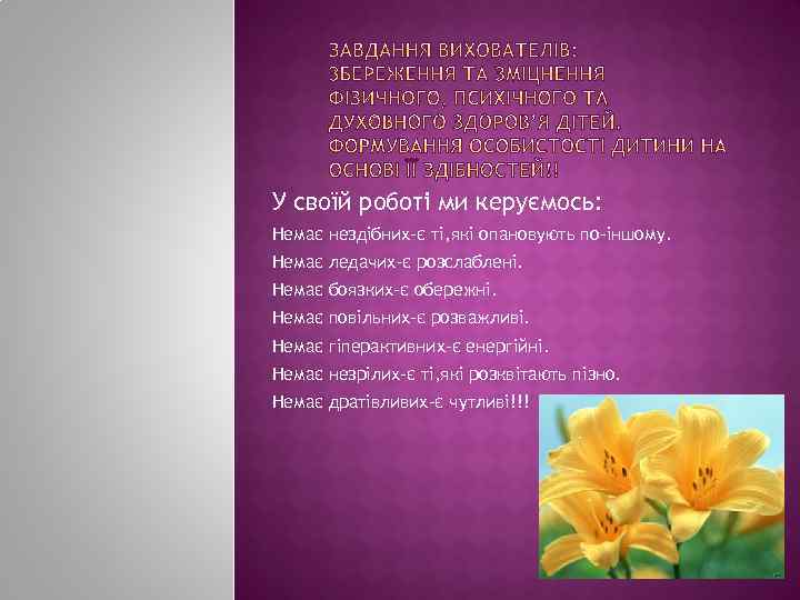 У своїй роботі ми керуємось: Немає нездібних-є ті, які опановують по-іншому. Немає ледачих-є розслаблені.