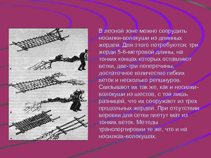 В лесной зоне можно соорудить носилки-волокуши из длинных жердей. Для этого потребуются: три жерди