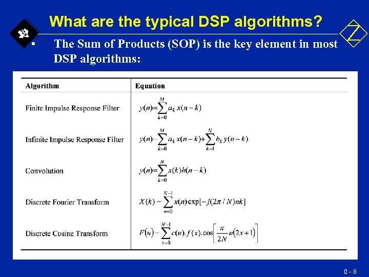 What are the typical DSP algorithms? • The Sum of Products (SOP) is the