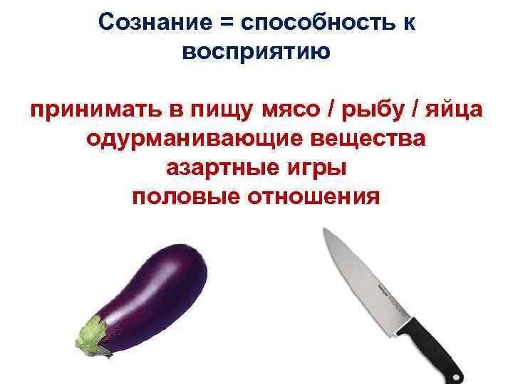 Сознание = способность к восприятию принимать в пищу мясо / рыбу / яйца одурманивающие