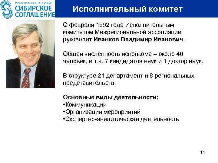 Исполнительный комитет С февраля 1992 года Исполнительным комитетом Межрегиональной ассоциации руководит Иванков Владимир Иванович.