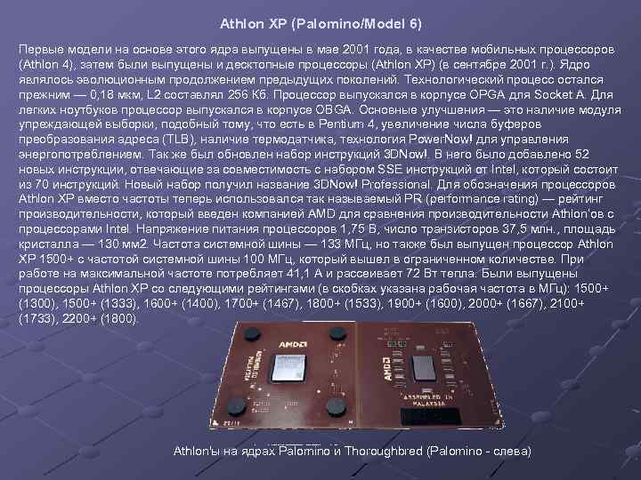 Athlon XP (Palomino/Model 6) Первые модели на основе этого ядра выпущены в мае 2001
