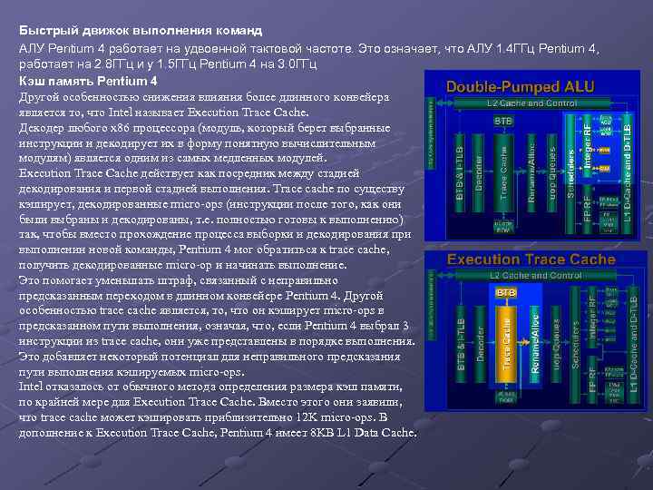 Быстрый движок выполнения команд АЛУ Pentium 4 работает на удвоенной тактовой частоте. Это означает,