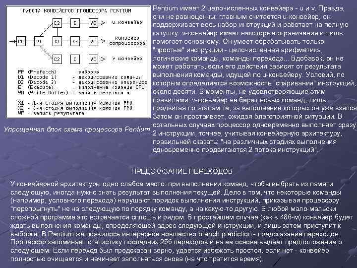 Pentium имеет 2 целочисленных конвейера - u и v. Правда, они не равноценны: главным