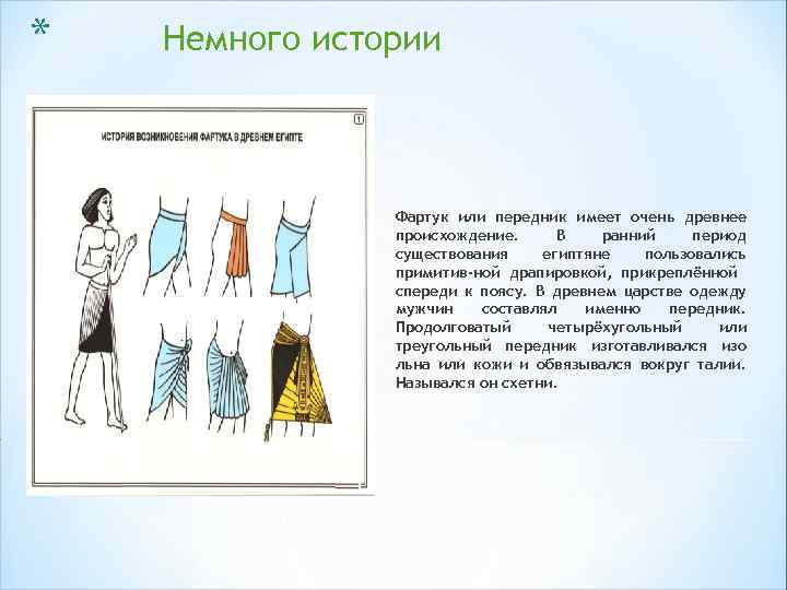 * Немного истории Фартук или передник имеет очень древнее происхождение. В ранний период существования