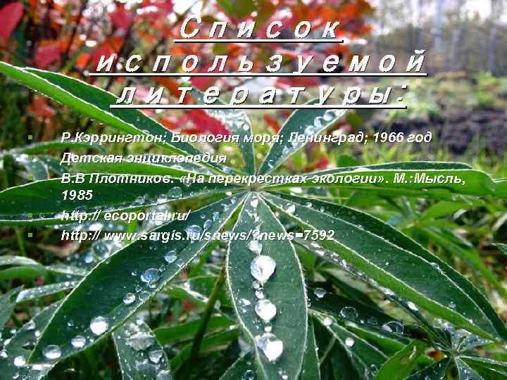 Список используемой литературы: § § § Р. Кэррингтон; Биология моря; Ленинград; 1966 год Детская