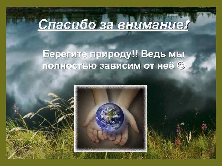 Спасибо за внимание! Берегите природу!! Ведь мы полностью зависим от неё 