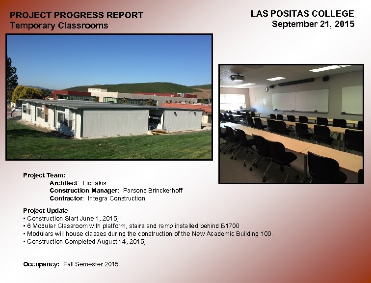 PROJECT PROGRESS REPORT Temporary Classrooms LAS POSITAS COLLEGE September 21, 2015 Project Team: Architect: