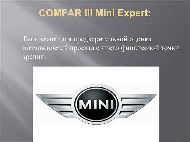 COMFAR III Mini Expert: Был развит для предварительной оценки возможностей проекта с чисто финансовой