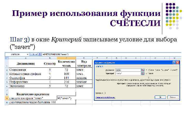 Пример использования функции СЧЁТЕСЛИ Шаг 3) в окне Критерий записываем условие для выбора (