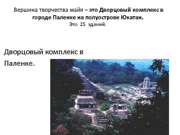  Вершина творчества майя – это Дворцовый комплекс в городе Паленке на полуострове Юкатан.