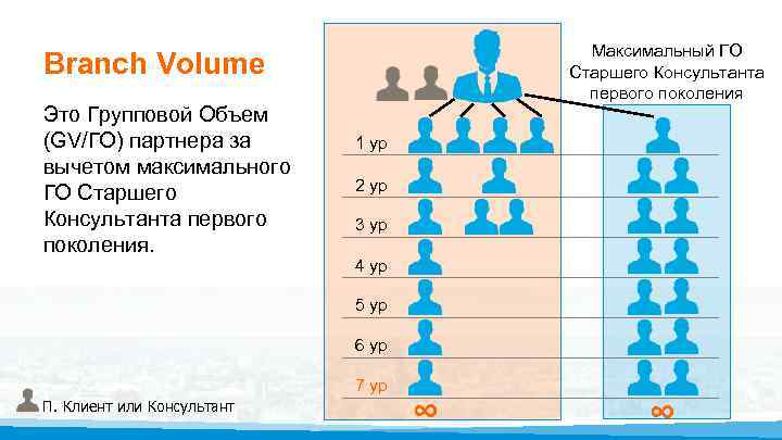 Максимальный ГО Старшего Консультанта первого поколения Branch Volume Это Групповой Объем (GV/ГО) партнера за