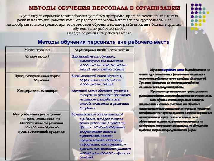 МЕТОДЫ ОБУЧЕНИЯ ПЕРСОНАЛА В ОРГАНИЗАЦИИ Существует огромное многообразием учебных программ, предназначенных для самых разных