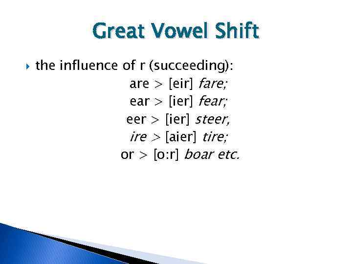 Great Vowel Shift the influence of r (succeeding): are > [eir] fare; ear >