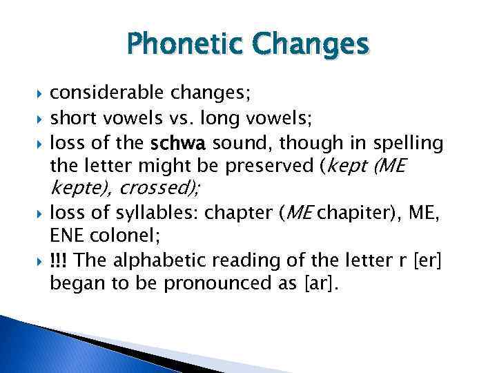 Phonetic Changes considerable changes; short vowels vs. long vowels; loss of the schwa sound,