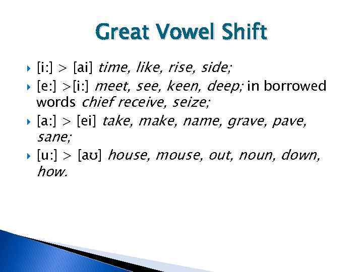 Great Vowel Shift [i: ] > [ai] time, like, rise, side; [e: ] >[i: