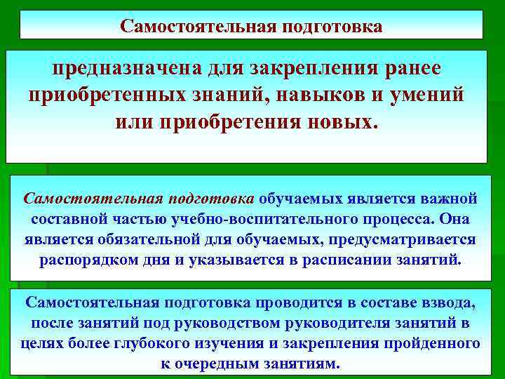 Самостоятельная подготовка предназначена для закрепления ранее приобретенных знаний, навыков и умений или приобретения новых.