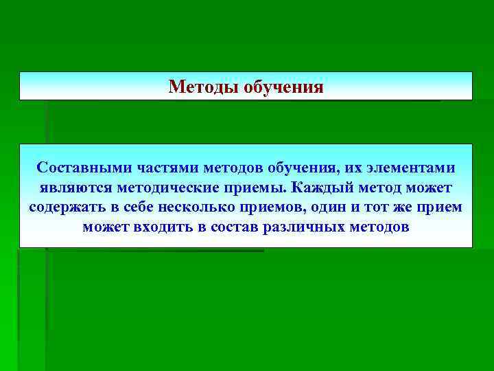 Методы обучения Составными частями методов обучения, их элементами являются методические приемы. Каждый метод может