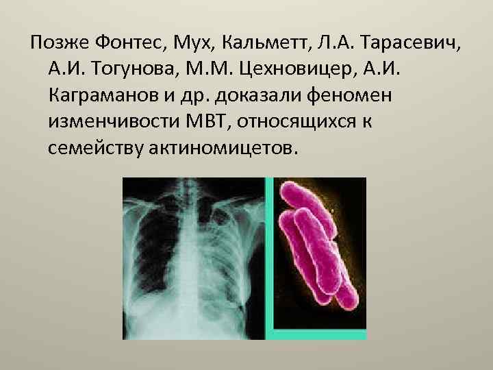 Позже Фонтес, Мух, Кальметт, Л. А. Тарасевич, А. И. Тогунова, М. М. Цехновицер, А.