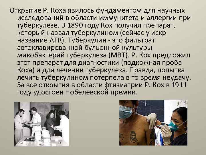 Открытие Р. Коха явилось фундаментом для научных исследований в области иммунитета и аллергии при